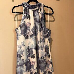 CeCe Gauzy Halter Dress with Tie-Neck, White and Blue Floral, Size 10